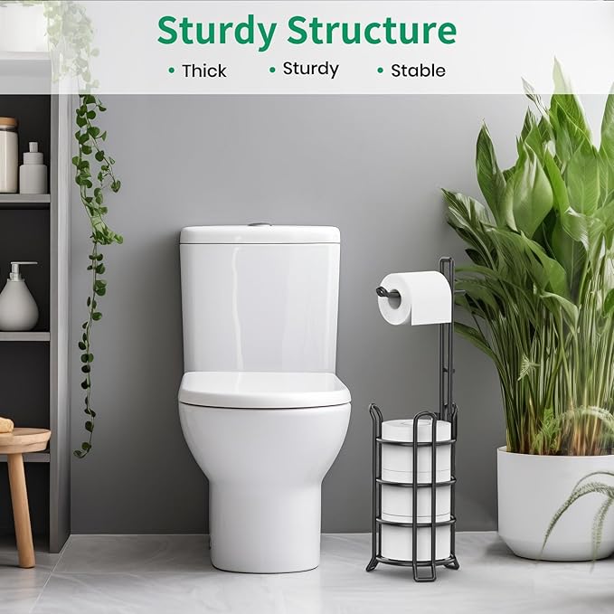 TomCare Toilet Paper Holder Toilet Paper Stand and Dispenser for 3 Spare Rolls Metal Wire Free-Standing Toilet Tissue Paper Roll Storage Shelf Bathroom Accessories Storage Organizer Black