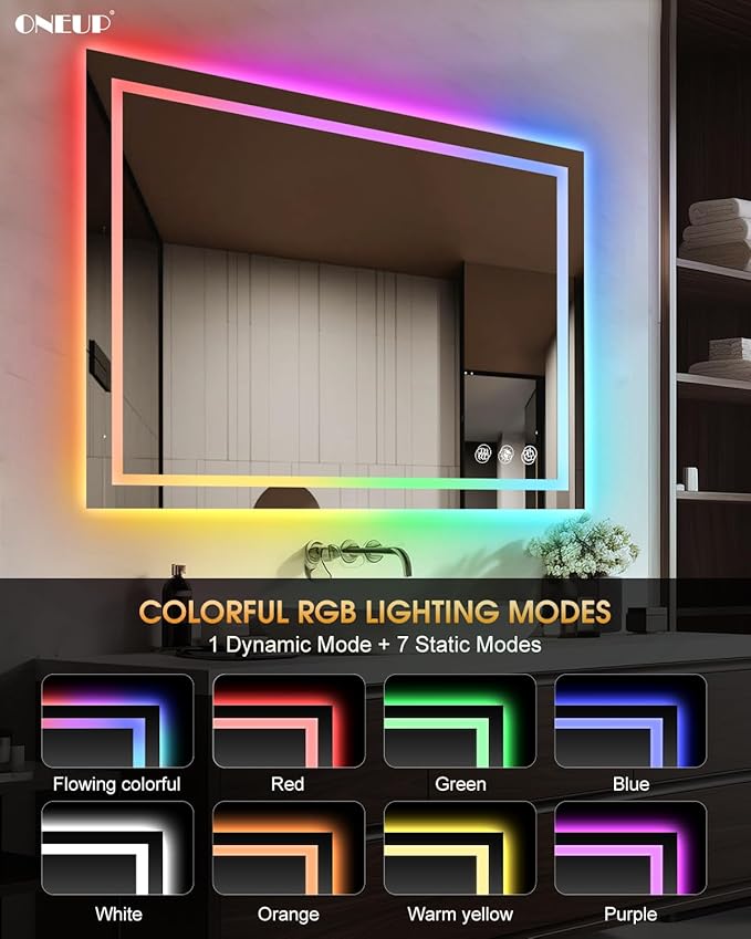oneup 40x36 Inch Bathroom Mirror with Lights,RGB Color Changing LED Bathroom Mirror,Anti-Fog Wall-Mounted Vanity Mirrors,Smart Dimmable Multicolor Lighted,IP54 Waterproof (Horizontal/Vertical)