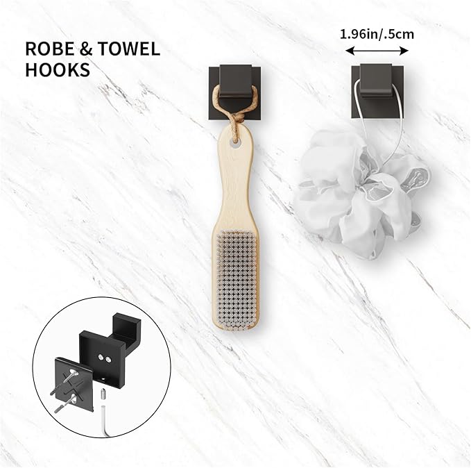 Bathroom Accessory Towel Bar Set: 5 Pieces Matte Black Bathroom Hardware Square SUS304 Stainless Steel - Wall Mounted Towel Rack&Toilet Paper Holder&Towel Ring and Robe Hooks.