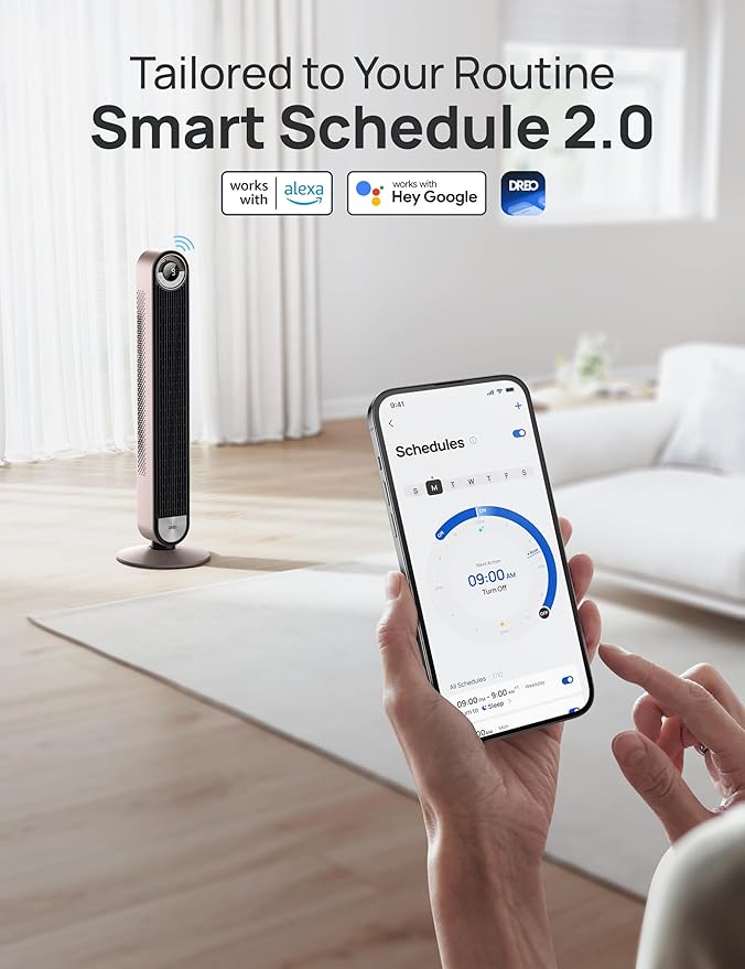 Dreo Tower Fan for Bedroom, 90° Oscillating Standing Fan with 28ft/s Velocity, 25dB Quiet for Sleep, DC Motor, 9 Speeds, 4 Modes, 12H Timer, Voice & APP & Remote Control, 42" Cruiser Pro T2 S