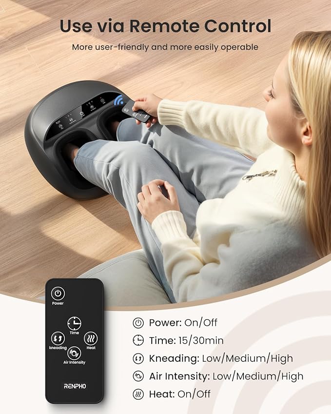 RENPHO Foot Massager Machine with Heat [2026 Upgraded], Shiatsu Foot Massager for Plantar Fasciitis, Birthday Gifts for Women, Wireless Control, Up to Size 13, BK