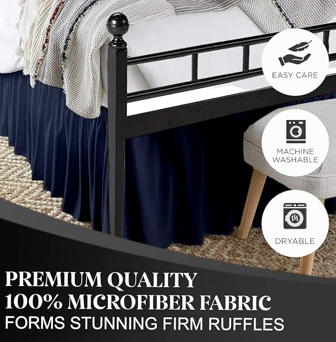 Ruffled Bed Skirt with Split Corners, Navy Blue, Full 18 Inch Drop Bedskirt, Hotel Quality Brushed Microfiber Wrinkle Free Dust Ruffle Bed Skirt Full Size