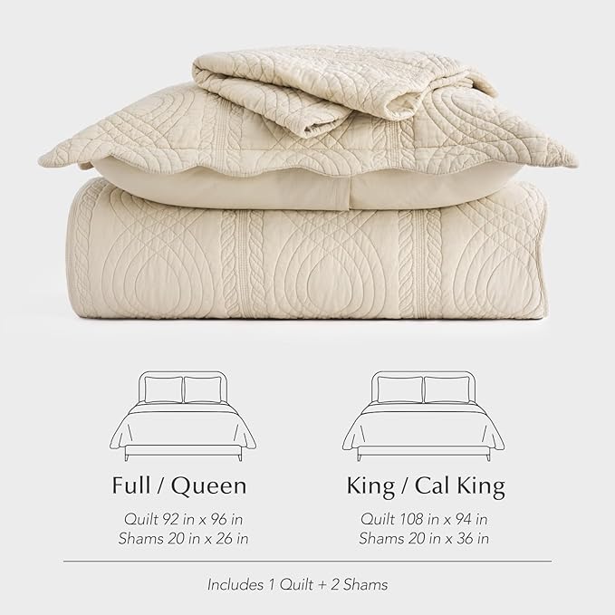 EVERGRACE 100% Cotton Scallop Quilt Set, Queen Size 3 Piece Set – Lightweight Bedspread with 2 Shams, Soft Prewashed Matelasse Coverlet for Cozy and Elegant Bedding, Flax Beige