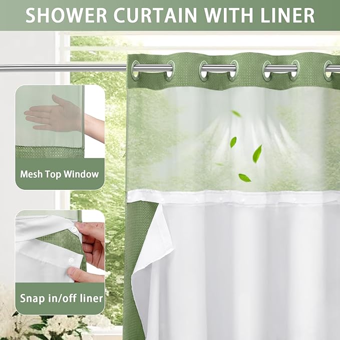 YellyHommy No Hook Shower Curtain with Snap in Liner Set Less Time Green Waffle Shower Curtain for Bathroom 75" L x 78" W