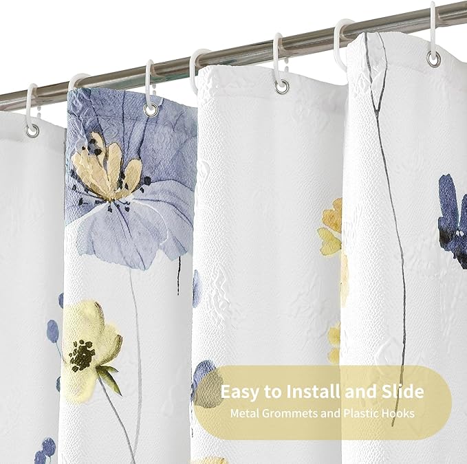 QiyI Extra Long Shower Curtain 72 x 84, Modern Watercolor Floral Shower Curtain, 3D Embossed Blue Yellow Flower Cloth Bathroom Curtain, Waterproof Fabric Farmhouse Bath Curtain Set with Hooks