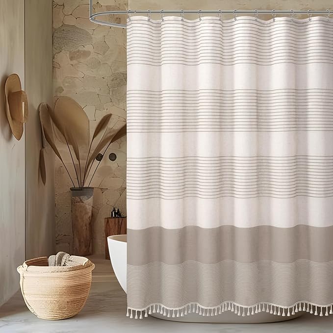 Awellife Farmhouse Taupe Shower Curtain for Bathroom Linen Texture Stripe Tassel Shower Curtain 72 X 72 Inches Neutral