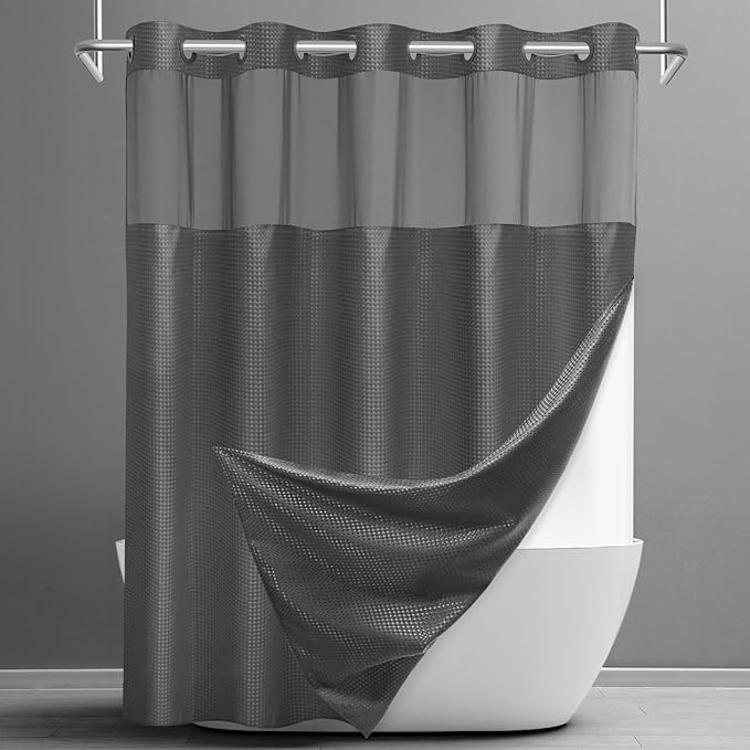 No Hook Shower Curtain with Snap in Liner Set Waffle Shower Curtain for Bathroom Hotel Style Fabric Waterproof Inner Liner，71" W x 86" H, Dark Grey