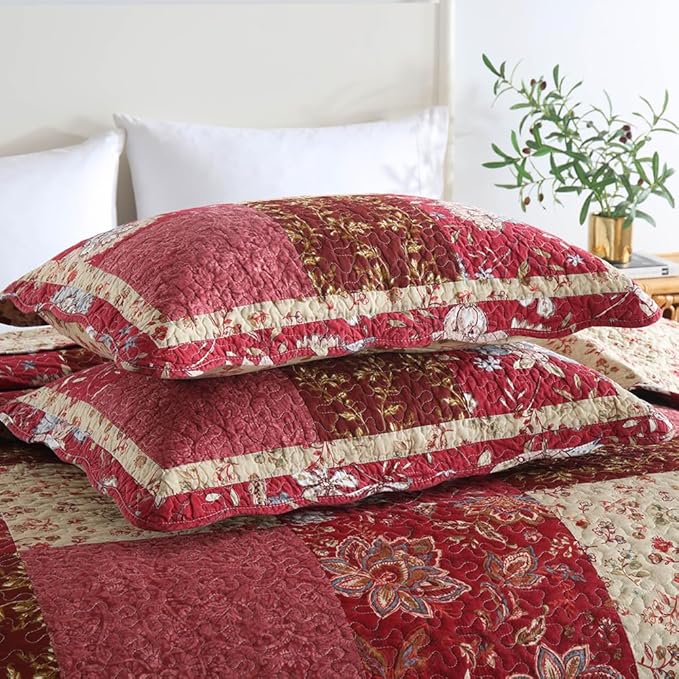 Cotton Bedspread Quilt Bedding Sets 3 Pieces Reversible Coverlet Sets Comforters Vintage Floral Patchwork Purple Red Bedspread, Queen Size