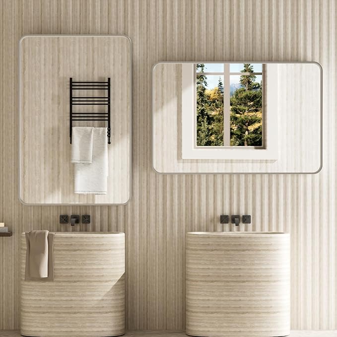 Brushed Nickel Bathroom Mirror 20x30 Inch, Brushed Silver Metal Frame Mirror Wall Mounted, Rounded Rectangle Bathroom Vanity Mirror, Tempered Glass, Anti-Rust, Horizontal/Vertical