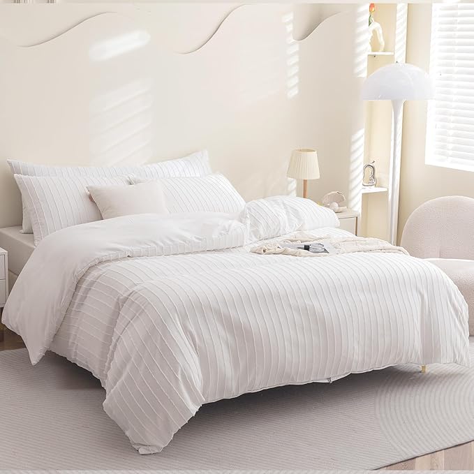 JELLYMONI Duvet Cover Twin Size Bright White - 3PCS Boho Striped Duvet Cover Set Polyester Tufted Bohemian Textured Comforter Cover 68×90in with Corner Ties & Zipper and 2 Pillowcases