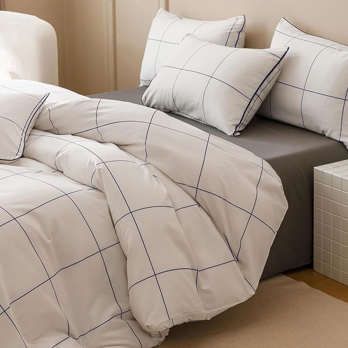 KAREVER White Grid Comforter Full Women Navy Blue Square Lines Checkered Bedding Set Full White Plaid Comforter Full Size