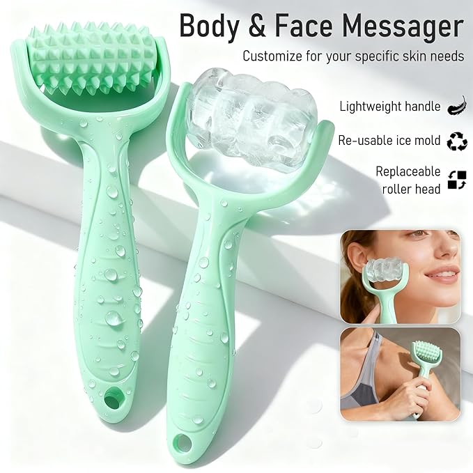 Ice Roller for Face Women Replaceble Rollers + Reusable 2 in 1 Silicone Facial Eyes Ice Cube Mold Set, Body Message Stick Holder for Reduce Puffiness Relief Shrink Pores Anti Wrinkle Skin Care, Green