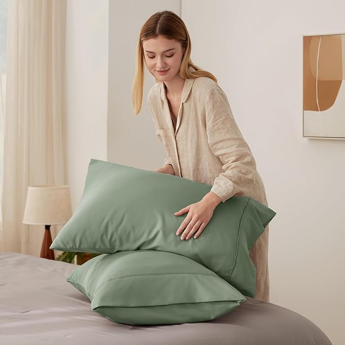 Bedsure Pillow Cases Standard Size Set of 2 - Sage Green Brushed Microfiber Pillowcases, Super Soft and Cozy Pillow Case Covers with Envelope Closure, Wrinkle, Fade and Stain Resistant, 20x26 Inches