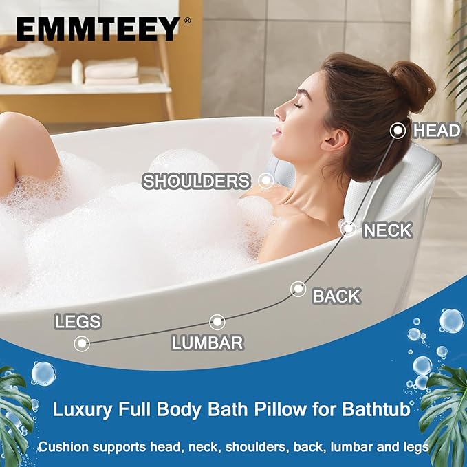 EMMTEEY Luxury Full Body Bath Pillow for Tub - Soft Bath Tub Pillows for Head and Neck Back & Lumbar Support, Non-Slip Bathtub Pillow for Relaxing Spa Gifts Bathtub Accessories