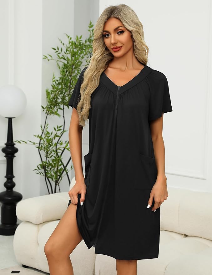Ekouaer Women Robe Zipper Front Mumu Duster Robes Zip Up Housecoat Soft Sleepwear with Pockets S-3XL