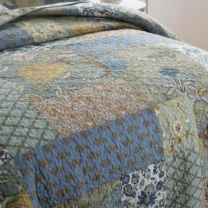 Cotton Bedspread Quilt Bedding Sets 3 Pieces Reversible Coverlet Sets Comforters Rustic Paisley Floral Patchwork Sage Green Bedspread, Queen Size