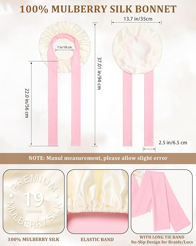 AWAYTR Mulberry Silk Bonnet for Sleeping - Silk Sleep Bonnet with Tie Band for Curly Hair Men and Women (Beige and Pink Tie Band)