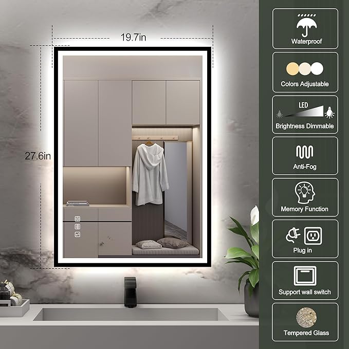 S·BAGNO 28''x20'' LED Bathroom Mirror with Lights, Bathroom Vanity Wall Mirror with Buletooth, Anti-Fog, Stepless Dimmable, 3 Colors, Tempered Glass Lighted Vanity Mirror for Bathroom