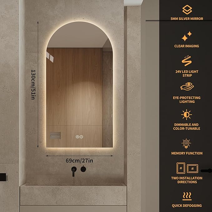 Arched Shaped LED Bathroom Mirror with dimming Lighting, 24V, 3 Color temperatures, defogger, 5MM Silver Glass (51" L x 27" W)