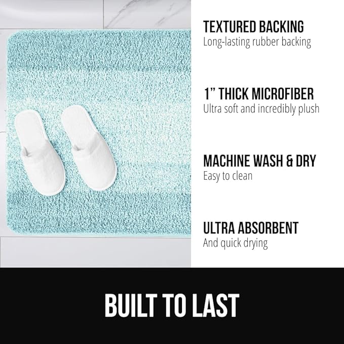 GORILLA GRIP Ultra Soft Plush Bathroom Rugs with Rubber Backing Set of 2, Absorbent Quick Dry Bath Mat, Machine Washable Shower Mats, Home Décor Accessories Bathmat Rug, 24x16 and 30x18 Light Blue