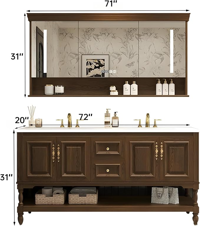 72" Double Bathroom Vanity with Sink,Freestanding Bathroom Vanity Large Storage Cabinet & Open Mirror Cabinet,4 Soft Closing Doors and 2 Drawers Solid Wood Luxury Bathroom Vanities Set,Brown