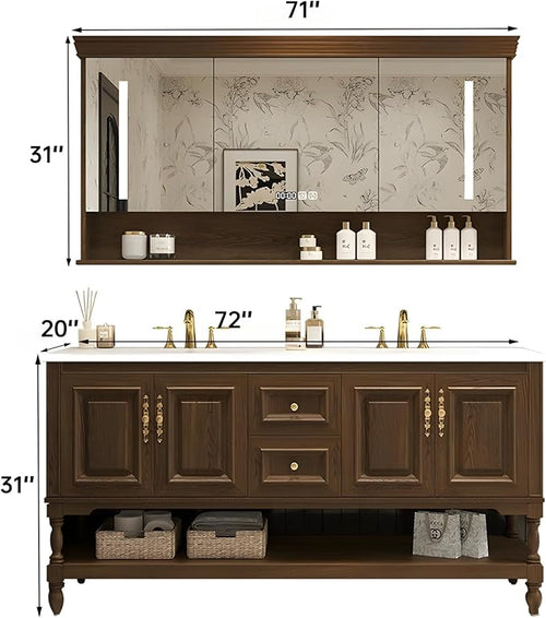 72" Double Bathroom Vanity with Sink,Freestanding Bathroom Vanity Large Storage Cabinet & Open Mirror Cabinet,4 Soft Closing Doors and 2 Drawers Solid Wood Luxury Bathroom Vanities Set,Brown