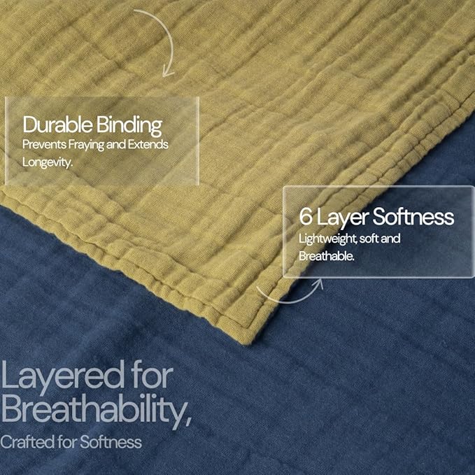 Salt Earth 100% Cotton Muslin Blanket, Gauze Blanket 50"X60" Throw with Tassel 6 Layered, Couch, Bed, Living Room, Home,Lightweight & All Season Blankets & Throws, Skin Friendly (Dress Blue/Mosstone)