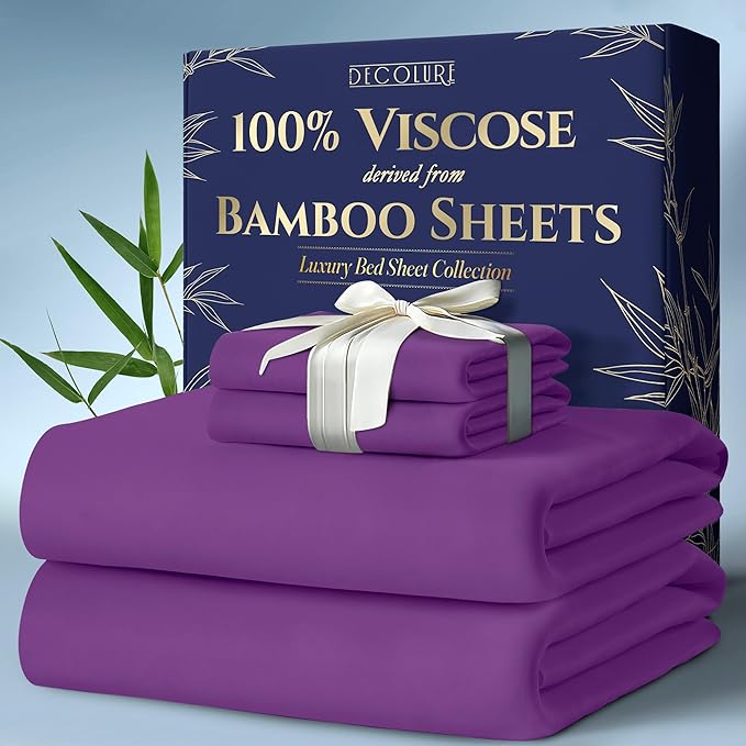 DECOLURE 100% Viscose Derived from Bamboo Sheets King Size 4pcs - Ultra Soft & Luxuriously Cooling, 17" Deep Pocket, Double Stitching, Perfect for Hot Sleepers - King Bed Sheets (Purple)