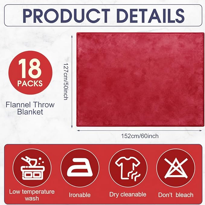 18 Pieces Fleece Blankets Bulk for Wedding 50 x 60 Inch Soft Lightweight Flannel Throw Blankets Bulk for Wedding Guests Home Outdoor Couch Sofa Bed Gifts (Wine Red)