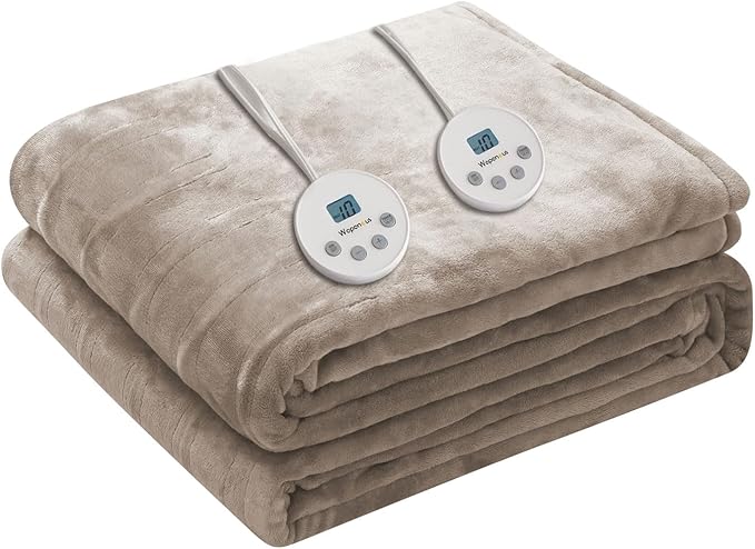Wapaneus Heated Blanket Electric King Size 90"x100"-Dual Control with 10 Heat Levels 12 Timer Settings and 8 Hours Auto-Shut Off,Fast-Heating Electric Blanket,ETL Listed Machine Washable,Mushroom