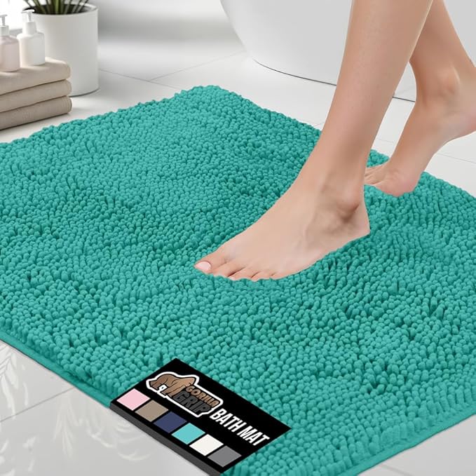 GORILLA GRIP Bath Rug Mat 36x24, Soft Absorbent Chenille, Quick Dry Microfiber Mats, Rubber Backing Washable Shower Floor Rugs, Bathmat Runner, US Designed Bathroom Home Decor Accessories Turquoise
