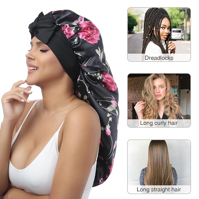 AWAYTR Long Satin Bonnet for Women - Double Layer Elastic Silk Bonnet for Braids Hair Sleeping Cap with Tie Band (Flower C)