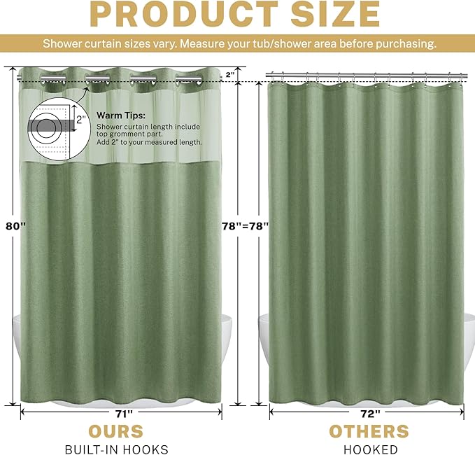 Long No Hook Shower Curtain with Snap in Liner, Polyester Textured Shower Curtain with Liner Set, Waterproof Washable Hotel Style Shower Curtains for Bathroom, 71Wx80H, Sage Green