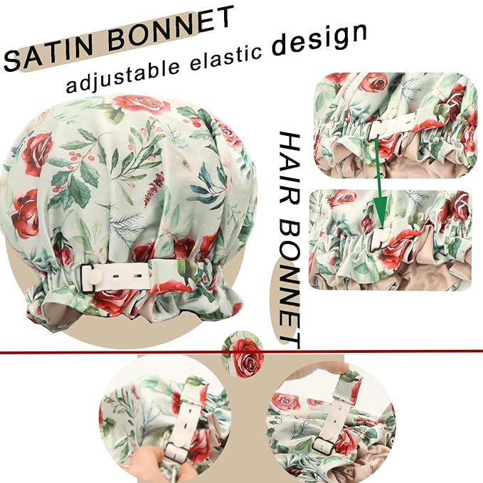 Satin bonnet for women 2PCS silk hair bonnet cap reversible for sleeping Adjustable Night sleep cap for curly natural hair double-layer and Washable (White Green flower)