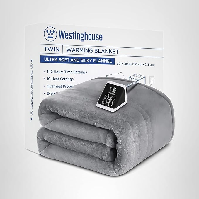 Westinghouse Heated Twin Blanket - Electric With 10 Heating Levels, 1-12 Hours Auto Shut Off, Fast Warming, Machine Washable (62x84 Inches, Light Grey)