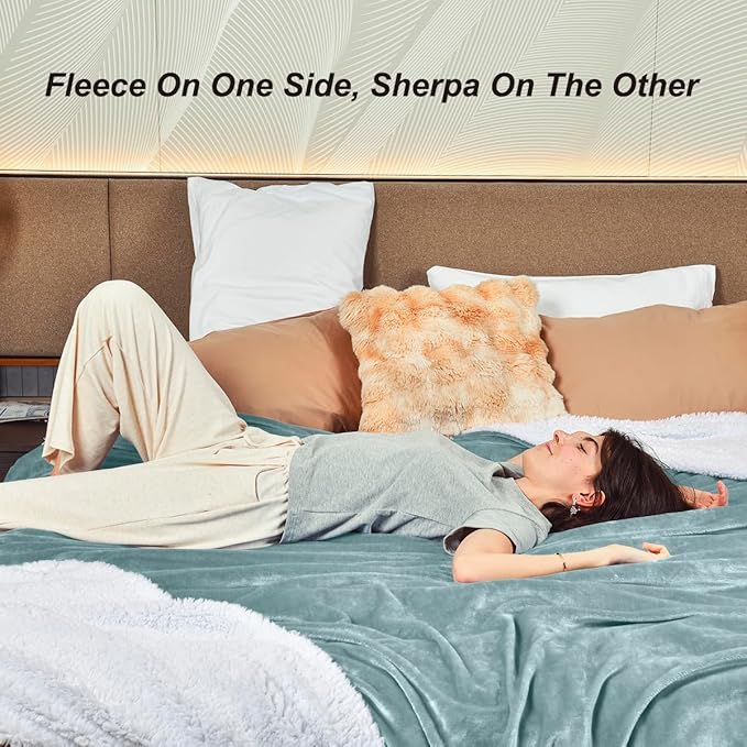 KAWAHOME Sherpa Fleece Queen Size Blanket for Bed - Extra Warm and Heavy Thick Blankets for Winter, Super Soft 500GSM Plush Blanket, 90"X 90" Spa Blue