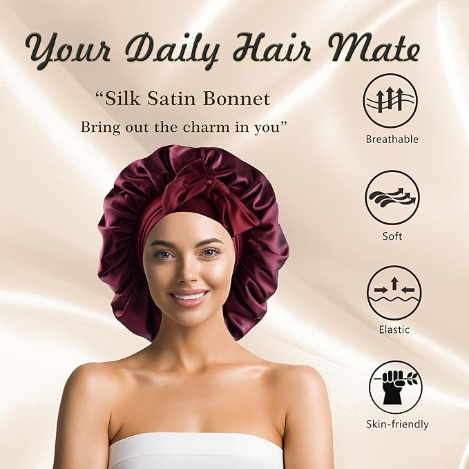 Silk Bonnet for Sleeping Women Satin Bonnet Double Layer Night Sleep Cap with Elastic Tie Band for Curly Natural Hair