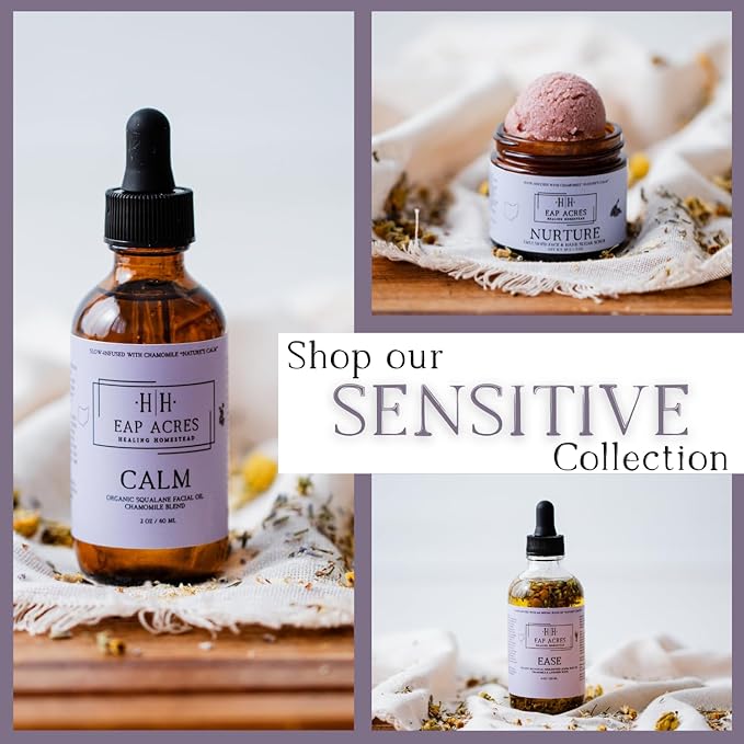 Emulsified Face Sugar Scrub, Organic squalane oil/Castor oil: infused Chamomile, Kokum Butter, Purple Clay, Colloidal Oatmeal, Manuka Honey-Gentle exfoliant: Dry/Sensitive/Acne-Prone (NURTURE)