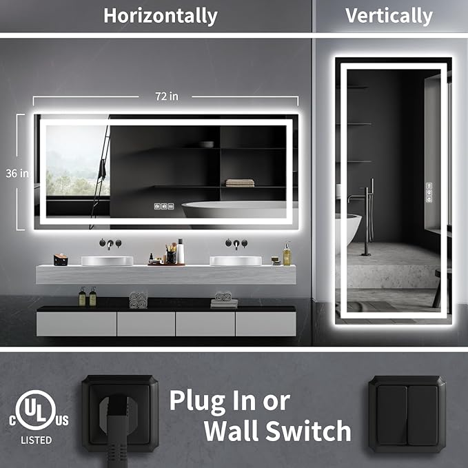 LED Mirror for Bathroom, 72x36 Inch Backlit + Front Lighted Bathroom Vanity Mirror with Lights for Wall, Double Light Strips, 3 Colors, Shatter-Proof, Anti-Fog and Brightness Memory