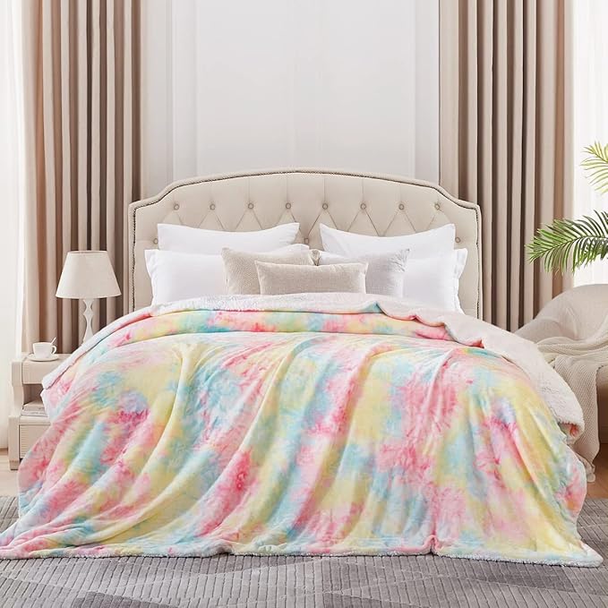 KAWAHOME Sherpa Fleece Queen Size Blanket for Bed - Extra Warm and Heavy Thick Blankets for Winter, Super Soft 500GSM Plush Blanket, 90"X 90" Rainbow