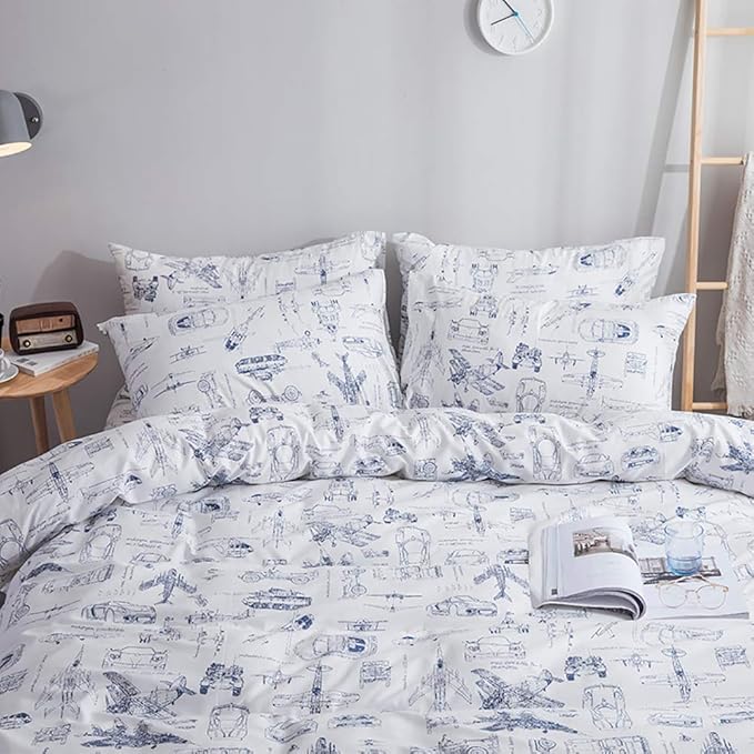 KAREVER White Aircraft Comforter Set Twin Boys Cartoon White Bedding Set Airplane Comforter Car Tank Printed Bedding for Children Teen Boy Blanket Set