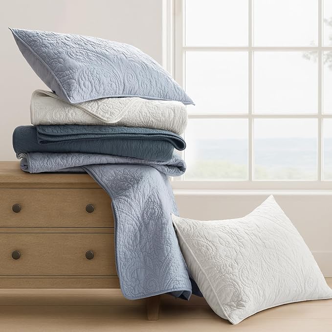 EVERGRACE 100% Cotton Paisley Quilt Set, Queen Size 3 Piece Set – Prewashed Lightweight Bedspread with 2 Shams, Soft & Breathable Matelasse Coverlet for All-Season Comfort, Pearl Blue