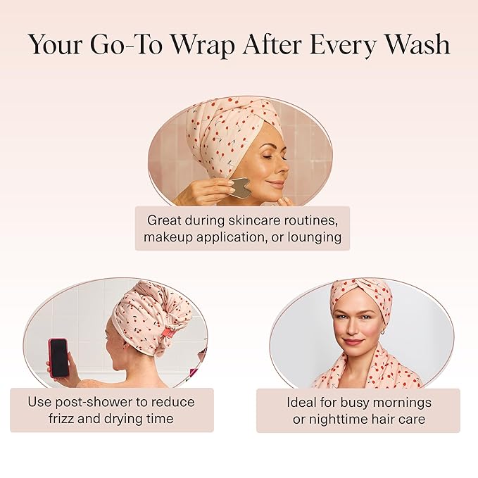 Kitsch XL Microfiber Hair Towel Wrap for Women – Ultra Absorbent Microfiber Towel for Wet, Curly, Long or Short Hair – Quick Dry, Anti-Frizz Hair Wrap – Cherry Print, 40x24 inches