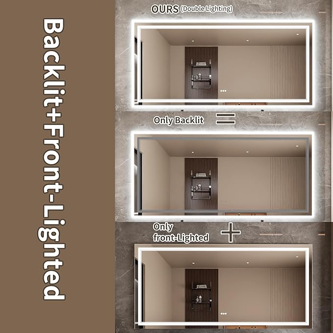 Bathroom Mirror with Lights 40"X84" with Front Light and Backlit, Tempered Glass, Wall Mount Horizontal/Vertical, Stepless Dimmable, 3 Colors, Anti Fog, Bathroom Memory LED Mirror