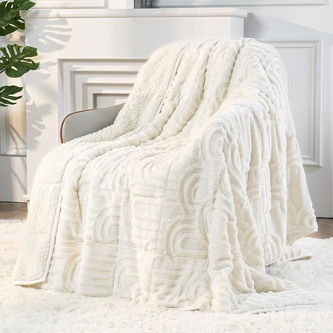 Sherpa Fleece Adult Weighted Blanket Great for Sleep, 15 lbs Dual Sided Soft Fuzzy Heavy Blankets for Couch Bed Sofa, Cozy Warm Arched Jacquard Throw for Winter (Cream White, 60" x 80", 15 Pounds)