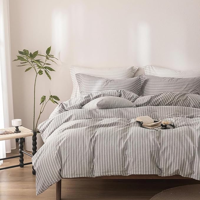 Stripe Duvet Cover California King Size 104inch x 98inch, 100% Washed Cotton Linen Feel Duvet Cover with Zipper Closure and 2 Pillowcases, Color of Grey-White Stripe