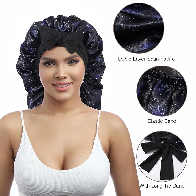 AWAYTR Long Satin Bonnet for Women - Double Layer Elastic Silk Bonnet for Braids Hair Sleeping Cap with Tie Band (Nebula+Black)