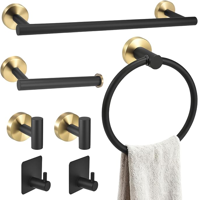 Black Bathroom Accessories Set 7-Pieces Stainless Steel Modern Light Luxury Design, Multi-Scene Use Includes Towel Racks for Bathroom Toilet Paper Holder Gold Towel Racks for Bathroom