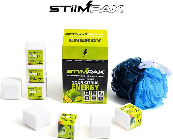 Shower Steamers | Energy | XXL 80g Long Lasting | Caffeine, B12, Ginseng, & Menthol | Gift for Men & Women | Extra Strength Aromatherapy for Focus & Productivity | Sour Citrus | STiiMPAK (8 Pack)