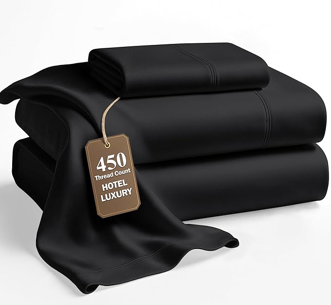 LANE LINEN Twin XL Sheets Set – 450 Thread Count 100% Long Staple Cotton, Soft & Cooling Sateen Weave, 15” Deep Pocket Fully Elasticized Twin XL Fitted Sheet, Hotel Quality, Black